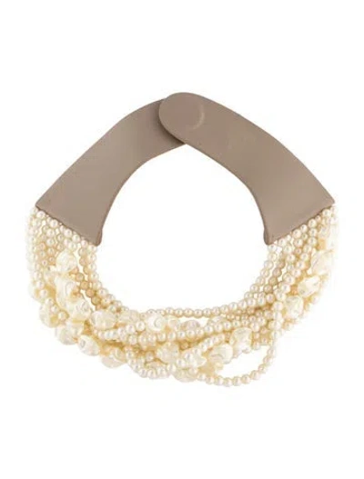Pre-owned Fairchild Baldwin Leather & Faux Pearl Multistrand Collar Necklace, 17.25" In Neutrals/white