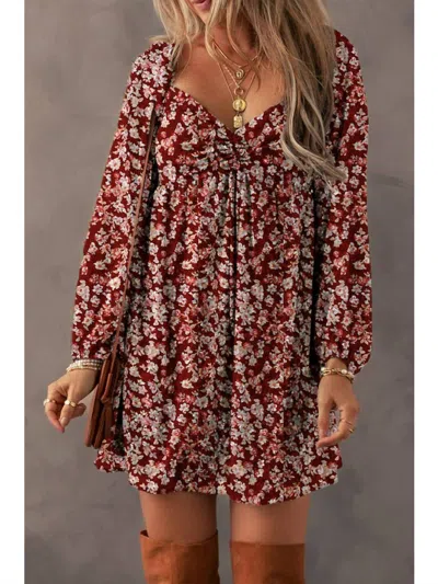 Faire Drawstring Ruched Sweetheart Neck Floral Mini Dress In Maroon In Multi