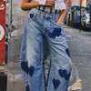 Faire Heart Pattern Wide Leg Jeans In Blue In Blue