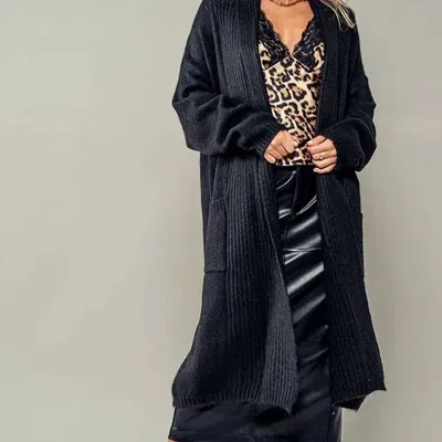 Faire Textured Soft Ribbed Knit Long Open Cardigan With Front Pockets One Sizewith Front Pockets In Black