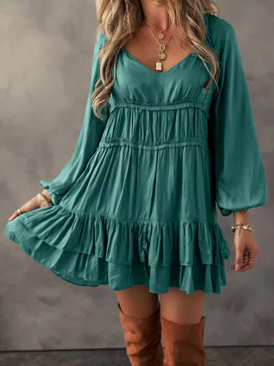 Faire Tiered Ruffled Puff Sleeve Loose Fit Mini Dress In Green