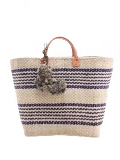 Faire Women's Bohemian Striped Pom-pom Straw Bag In Blue/natural In Multi