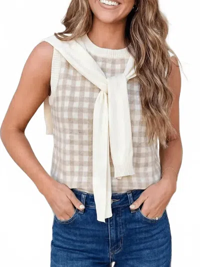 Faire Women's Plaid Knit Detachable Shawl Wrap Sweater Tank Top In Khaki In Green
