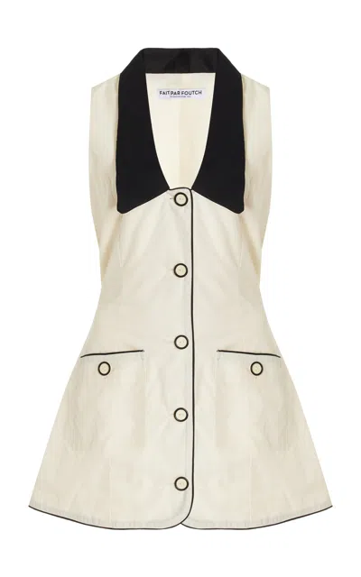 Fait Par Foutch Adrienna Linen-trimmed Cotton-blend Tuxedo Mini Dress In Black,white