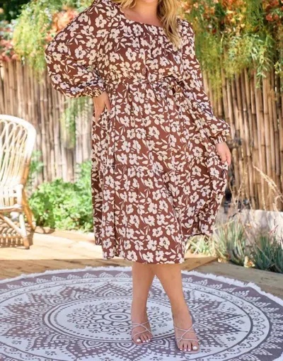 Faith Apparel Floral Sash Waist Midi Dress In Brown