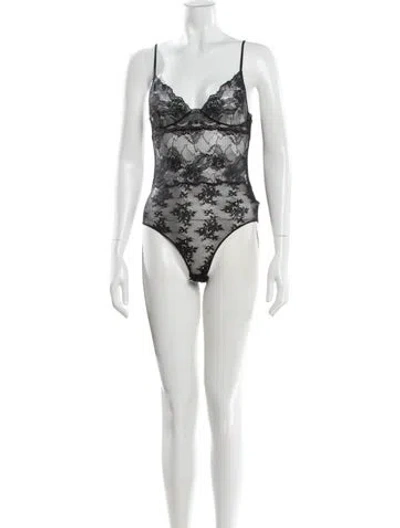 Pre-owned Faith Connexion Lace Pattern V-neck Bodysuit In Black