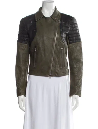 Pre-owned Faith Connexion Leather Biker Jacket In Green