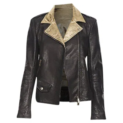 Faith Connexion Pebble Leather Metallic Back Moto Biker Jacket In Black