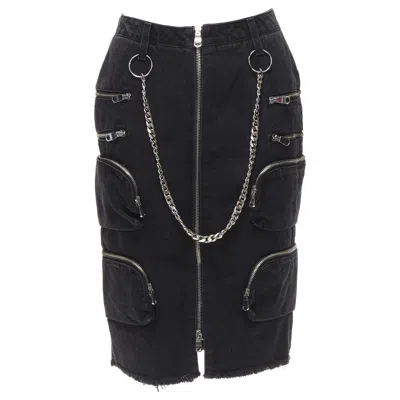 Pre-owned Faith Connexion Rare  Ntmb Black Denim Cotton Punk Chain Multi Pockets Skirt Xs
