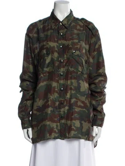 Pre-owned Faith Connexion Silk Camouflage Print Button-up Top In Green