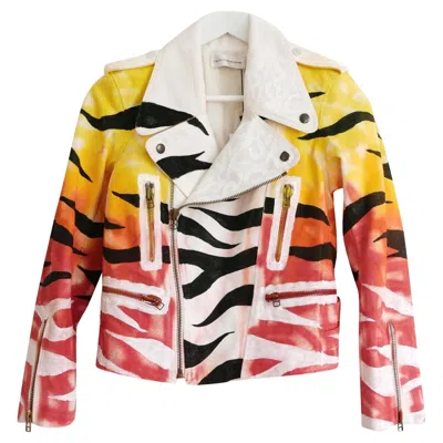 Pre-owned Faith Connexion Women's Hand Painted Tag Biker Jacket, Size S, New In Sand