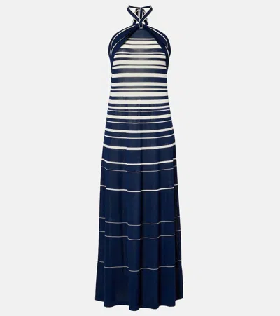 Faithfull Axel Striped Halterneck Cotton-blend Maxi Dress In Blue