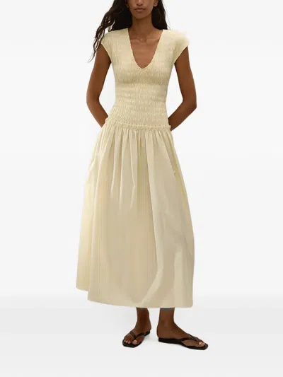 Faithfull Carmen Shirred Cotton Midi Dress In Neutral