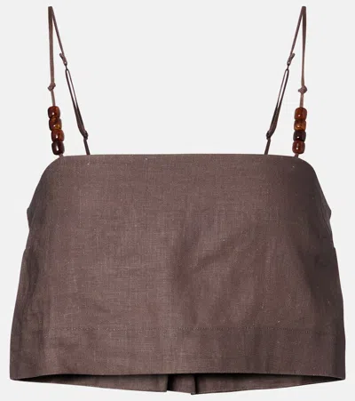 Faithfull Chianti Beaded Linen Crop Top In Brown