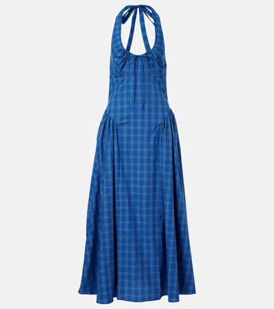 Faithfull Del Ros Plaid Halterneck Cotton Midi Dress In Blue