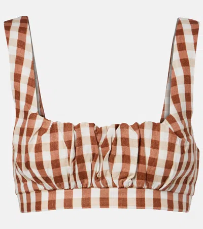 Faithfull Ida Gingham Linen Crop Top In Brown