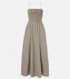 Faithfull Lida Pinstripe Shirred Cotton Maxi Dress In Brown