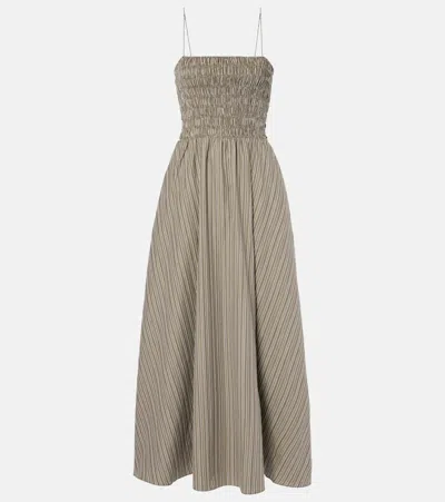 Faithfull Lida Pinstripe Shirred Cotton Maxi Dress In Brown
