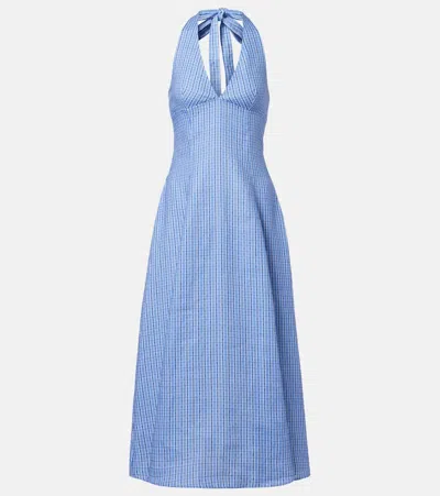 Faithfull Marais Checked Linen Midi Dress In Blue