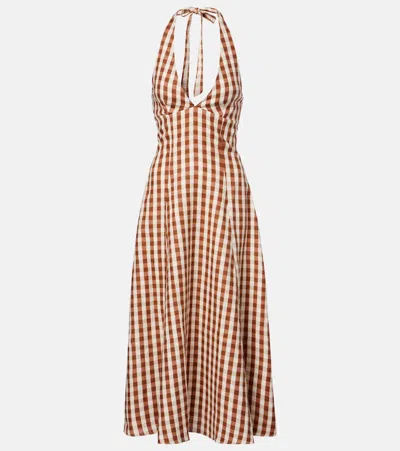 Faithfull Marais Gingham Halterneck Linen Midi Dress In Brown