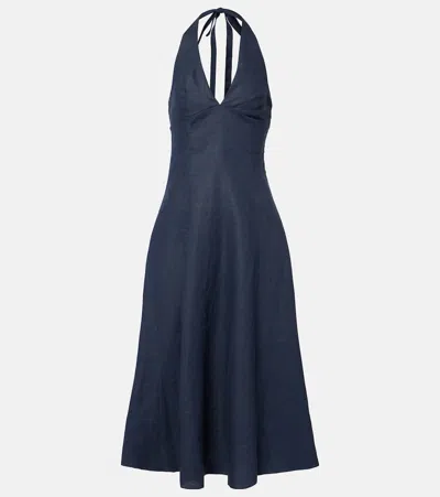 Faithfull Marais Halterneck Linen Midi Dress In Blue