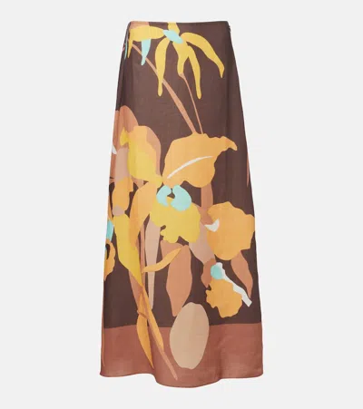 Faithfull Martina Floral Linen Maxi Skirt In Brown