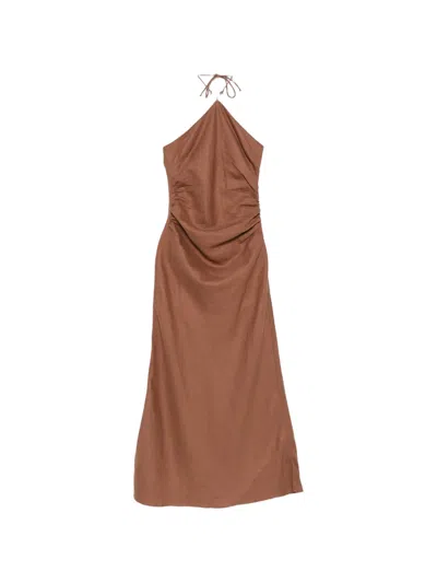 Faithfull Natalia Beaded-halterneck Midi Dress In Brown