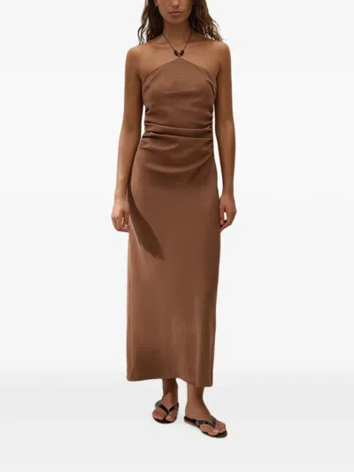 Faithfull Natalia Halterneck Ruched-detail Dress In Brown