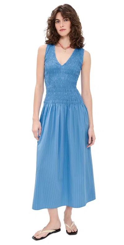 Faithfull Palomar Midi Dress Micro Pinstripe/azul In Blue