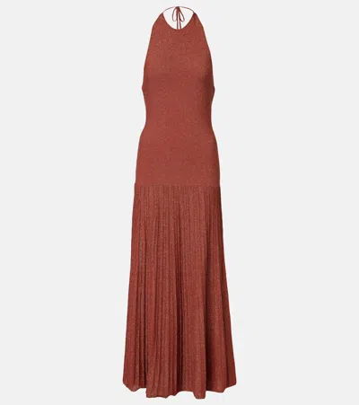 Faithfull Plissé Halterneck Cotton-blend Maxi Dress In Brown