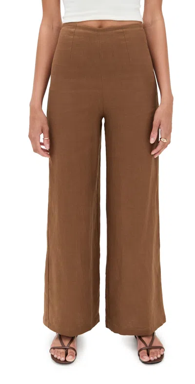 Faithfull Syna Cropped Linen Wide-leg Pants In Brown