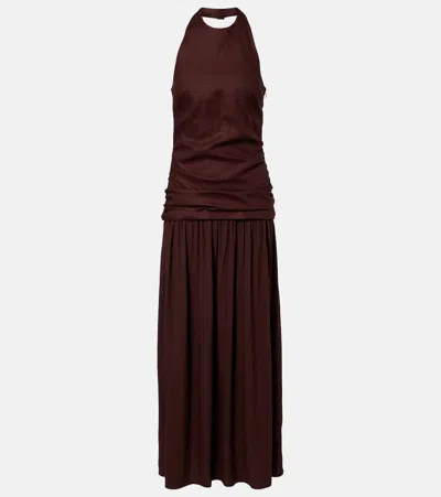 Faithfull Tali Halterneck Linen Maxi Dress In Brown