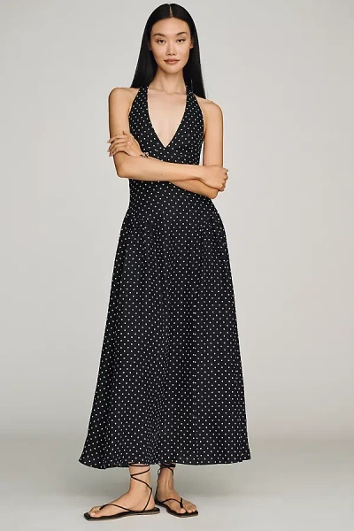 Faithfull The Brand La Cala Polka Dot Linen Midi Dress In Black