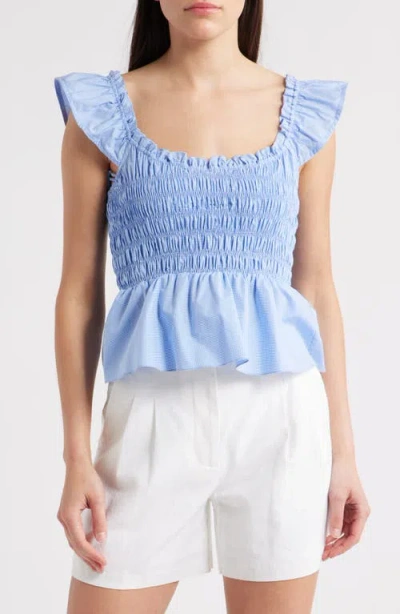 Faithfull The Brand Eudora Gingham Smocked Peplum Cotton Top In Blue