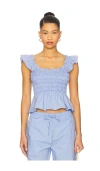 Faithfull The Brand Eudora Gingham Smocked Peplum Cotton Top In Blue