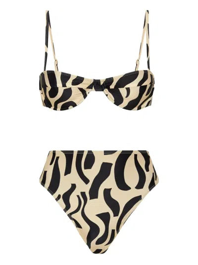 Faithfull The Brand Farrah Top Chania Bottoms Abstract-print High-waisted Bikini In Brown