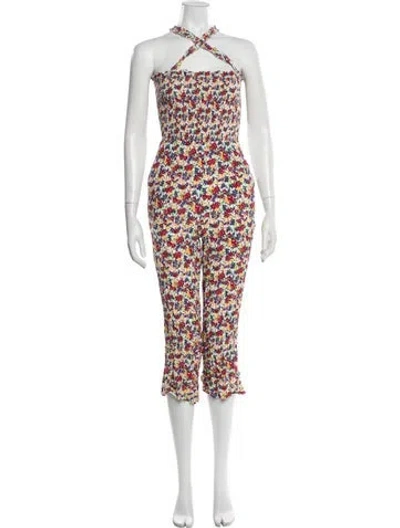 Pre-owned Faithfull The Brand Floral Print Halterneck Jumpsuit In White