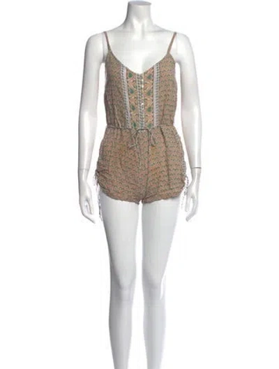Pre-owned Faithfull The Brand Floral Print V-neck Romper In Brown
