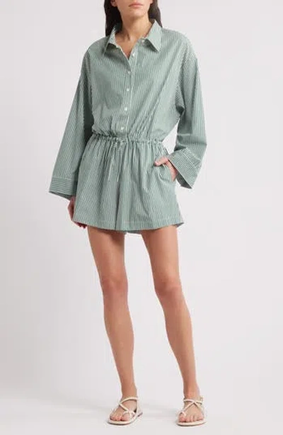 Faithfull The Brand Freja Stripe Long Sleeve Stretch Cotton Playsuit In Green