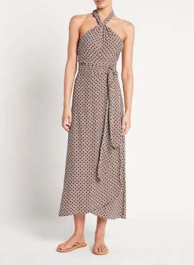 Faithfull The Brand Halter Neck Midi Dress With Checkered Print In Brown
