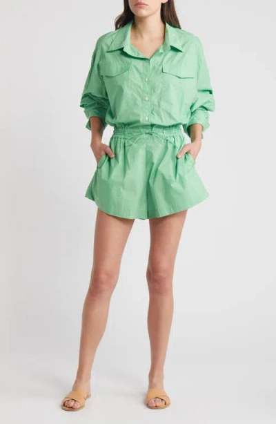 Faithfull The Brand Isole Long Sleeve Button-up Organic Cotton Poplin Romper In Green