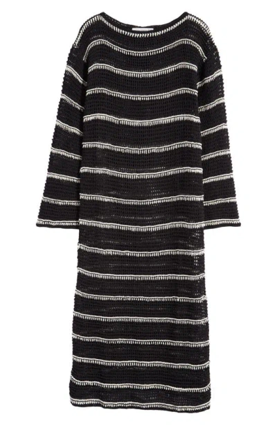 Faithfull The Brand Jesolo Stripe Long Sleeve Open Stitch Cotton Jumper Dress In Black/ Off White