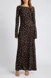 Faithfull The Brand Lilou Floral Long Sleeve Jersey Maxi Dress In Clover Brown