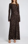 Faithfull The Brand Lilou Floral Long Sleeve Jersey Maxi Dress In Clover Brown