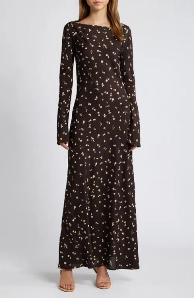 Faithfull The Brand Lilou Floral Long Sleeve Jersey Maxi Dress In Clover Brown