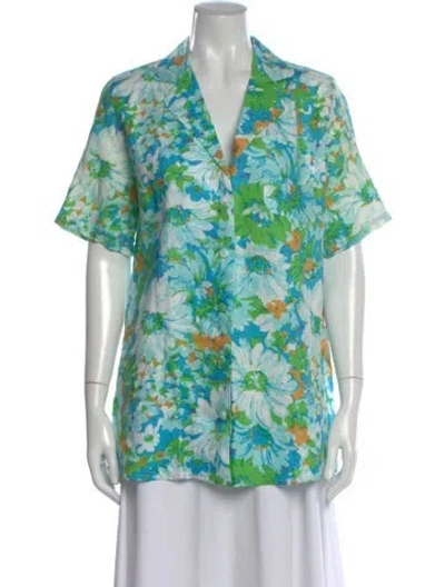 Pre-owned Faithfull The Brand Linen Floral Print Blouse In Blue