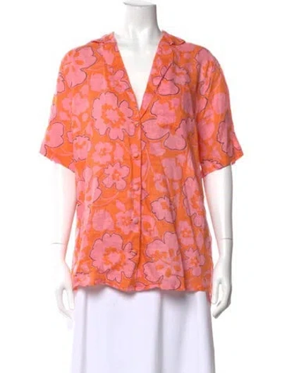 Pre-owned Faithfull The Brand Linen Floral Print Blouse In Orange