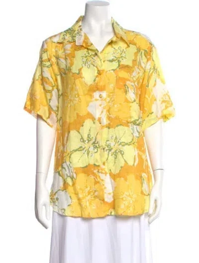Pre-owned Faithfull The Brand Linen Floral Print Blouse In Yellow