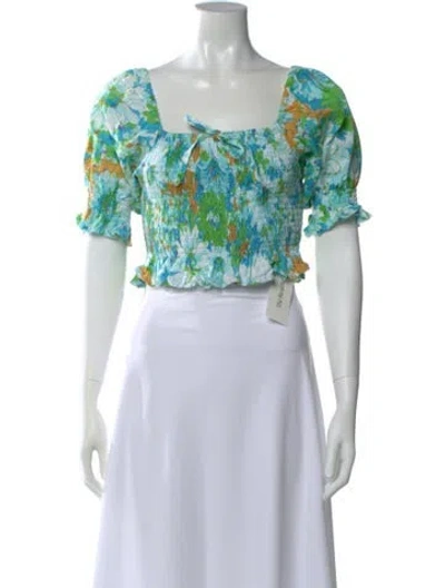 Pre-owned Faithfull The Brand Linen Floral Print Crop Top In Green