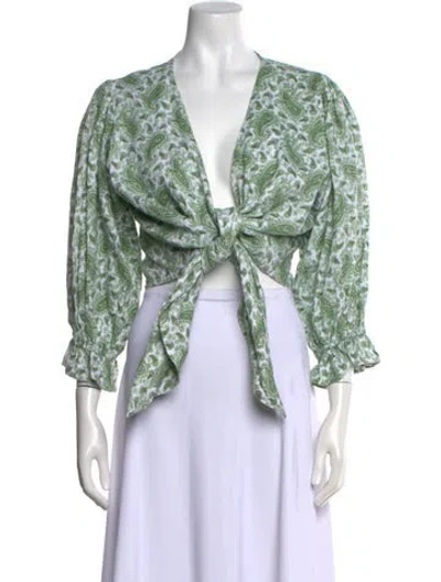 Pre-owned Faithfull The Brand Linen Paisley Print Blouse In Green